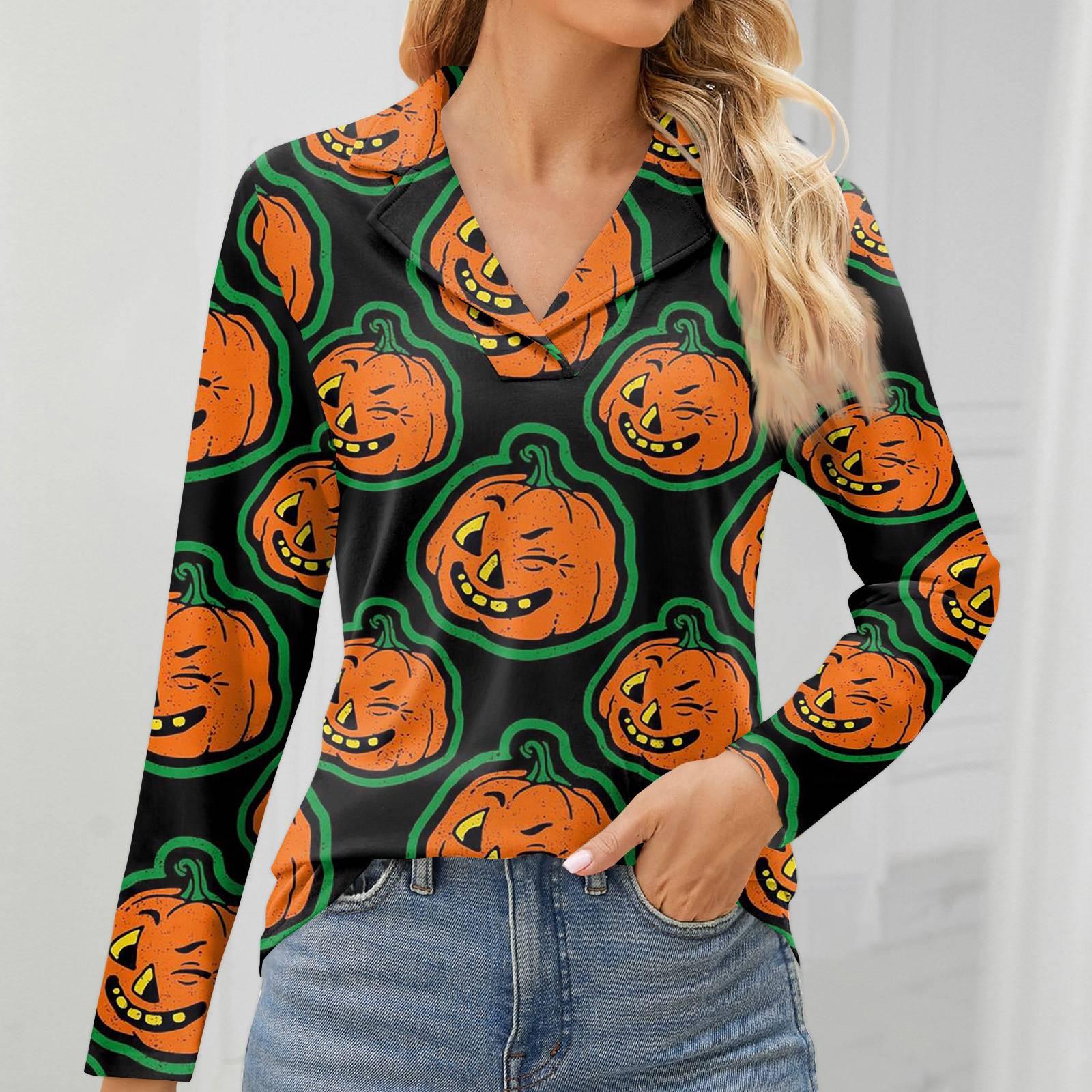 

Женская мода для отдыха с длинным рукавом и V-образным вырезом с принтом на Хэллоуин M