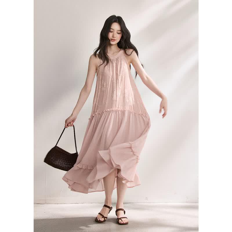 Miexu French Retro Halter Midi Dress with Lace & Belt