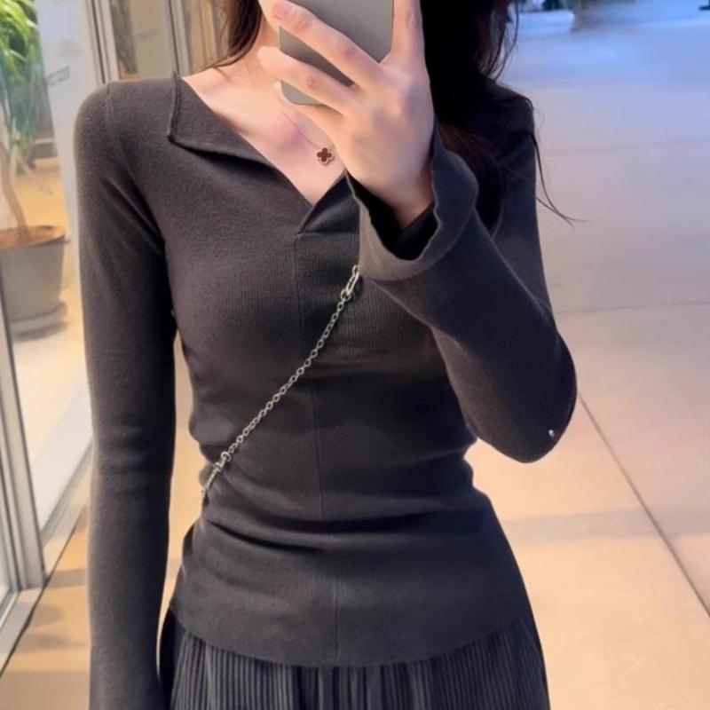 

Фиолетовый свитер с V-образным вырезом, эстетичный, вязаный, женский, весенний, облегающий, шикарный, с длинным рукавом, для ношения под одеждой, топ, базовый слой L темно-серого