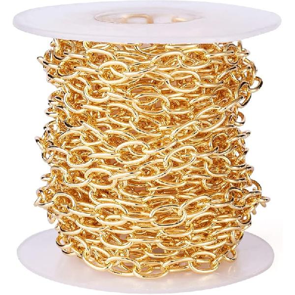 Pandahall 2 Rolls 14K Gold Plated Heart Link Chains Small Link Cable Chains 5 Yards Brass Gold Jewelry Chains for Permanent Jewelry Making Bracelet