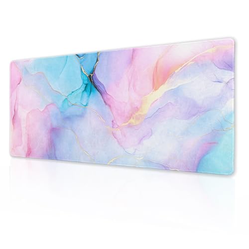 Tapis de Souris Marbre Rose Violet Bleu Tapis de Bureau Étendu Texture Large XL Base en Caoutchouc Antidérapante Bord Cousu Long Tapis pour Clavier pour Bureau Gamin