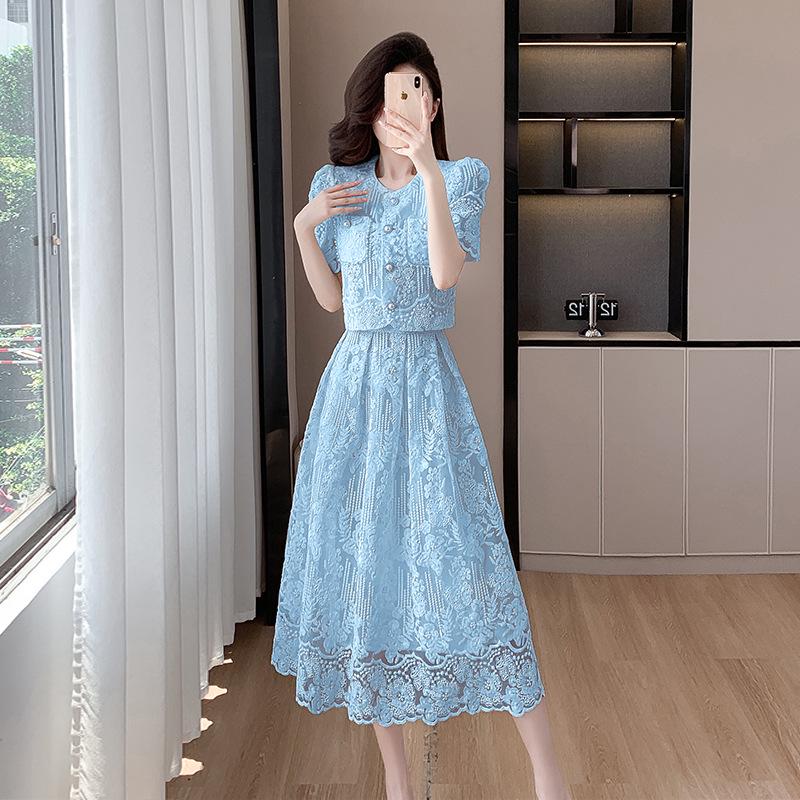 

Noble Lace Beaded Short Top & High Waist Midi Skirt Set L рожевий