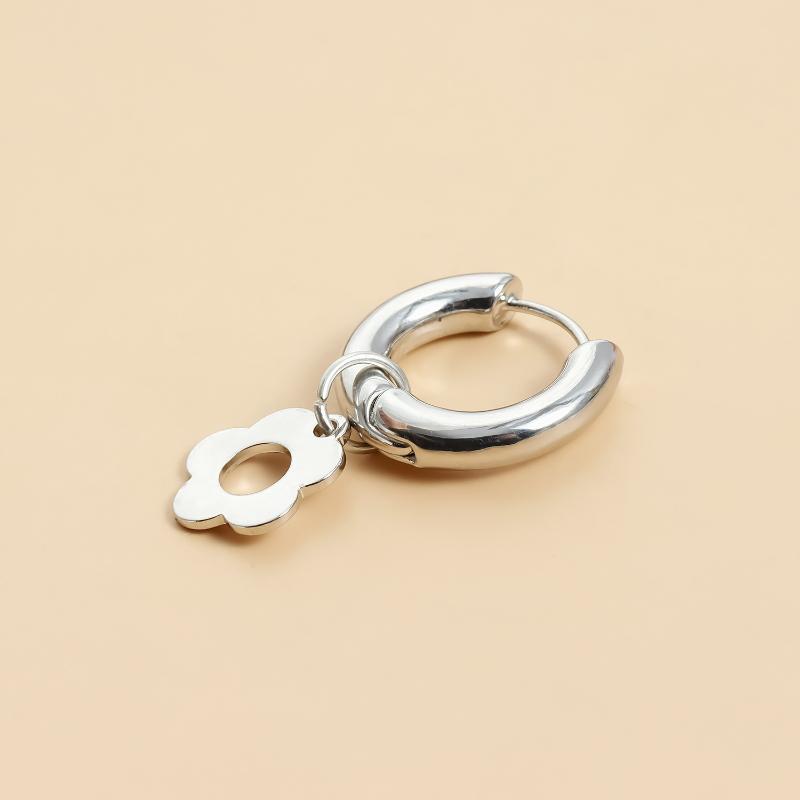 Punk Silver Color Asymmetry Flower Hoop Earrings For Women  Red Zircon Heart Earrings Party Jewelry Accessories Gifts