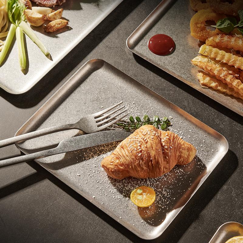Stainless Steel Vintage Snowflake Silver Square Tray Bread Barbecue Steak Plate Dinner Plate Dessert Dinnerware Decorative Tray