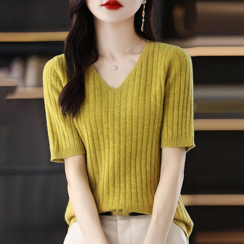 Frühling Sommer Damen V-Ausschnitt Kurzarm Exquisiter Kaschmir Strickpullover Pullover Einfarbig