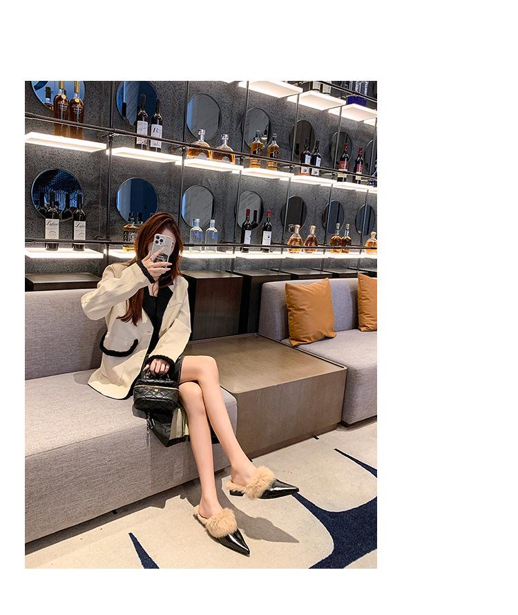 2024 Autumn Women's Closed-Toe Pointed Mules: Comfortable, Flat Heel, Non-Slip Fluffy Slippers for Outdoor Wear