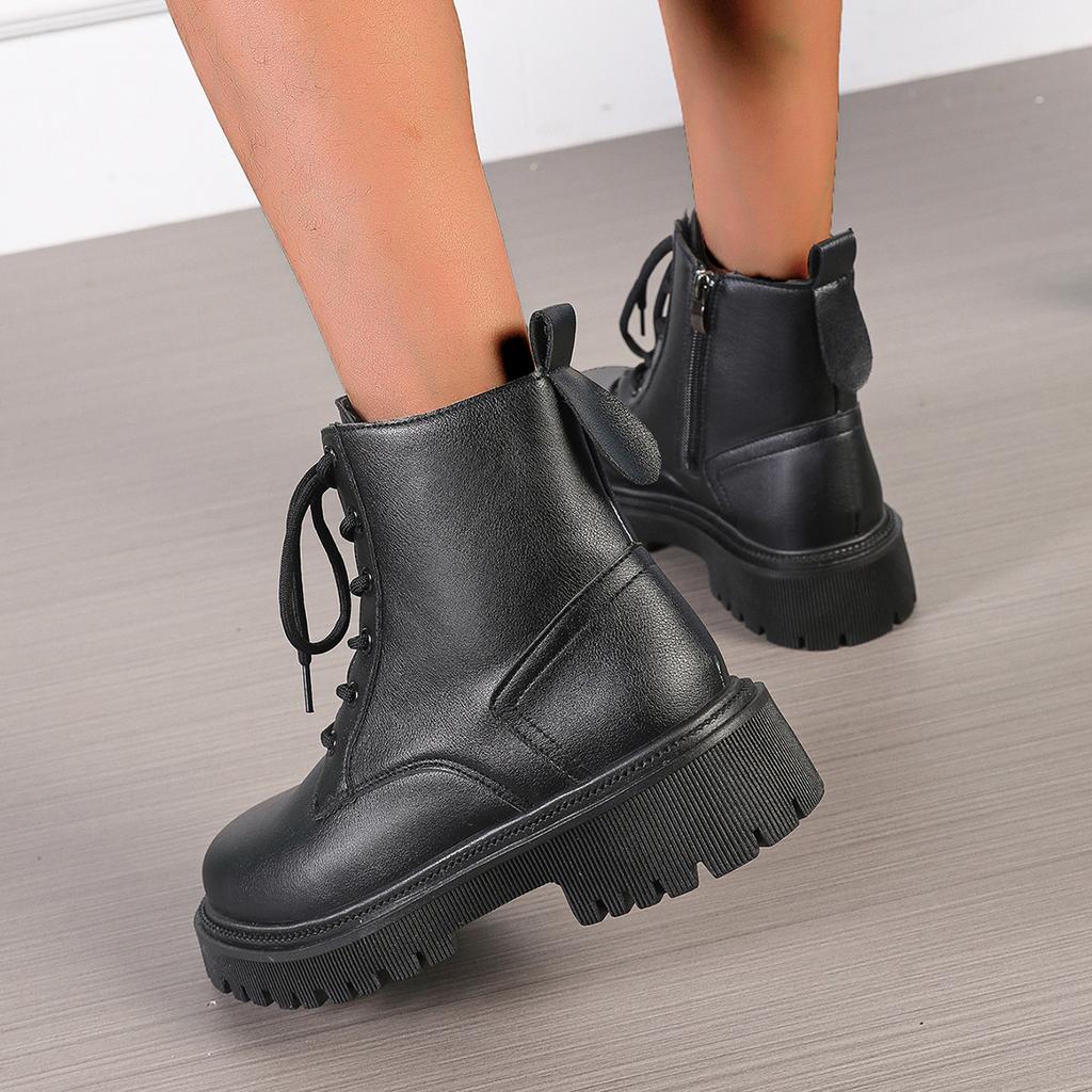 Moda 2024 Zima Grube Pluszowe Botki do Kostki Kobiety Moda Antypoślizgowe Platformowe Botki Bojowe Kobieta Sznurowane Zamek PU Skóra Botas Mujer