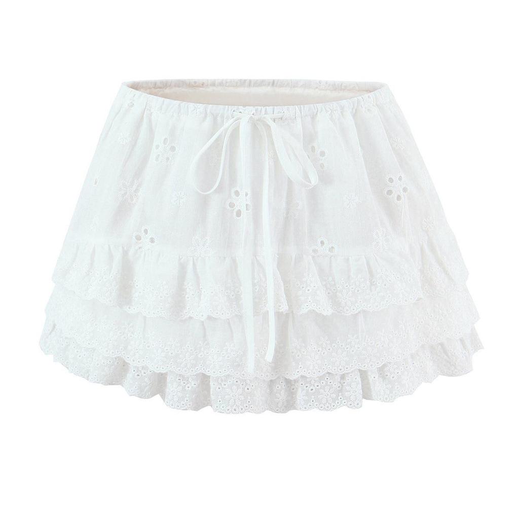 7704 - Women's French Retro Square Neck Ruffle Top & Lace-up Embroidered Skirt Set