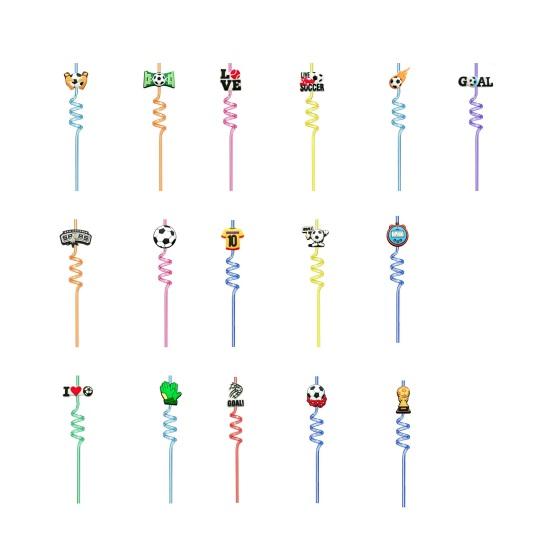 2Pcs Soccer Theme Spiral Straws, PET Reusable Curved Drinking Straws with Football Charm, World Mug Party Beverage Decor