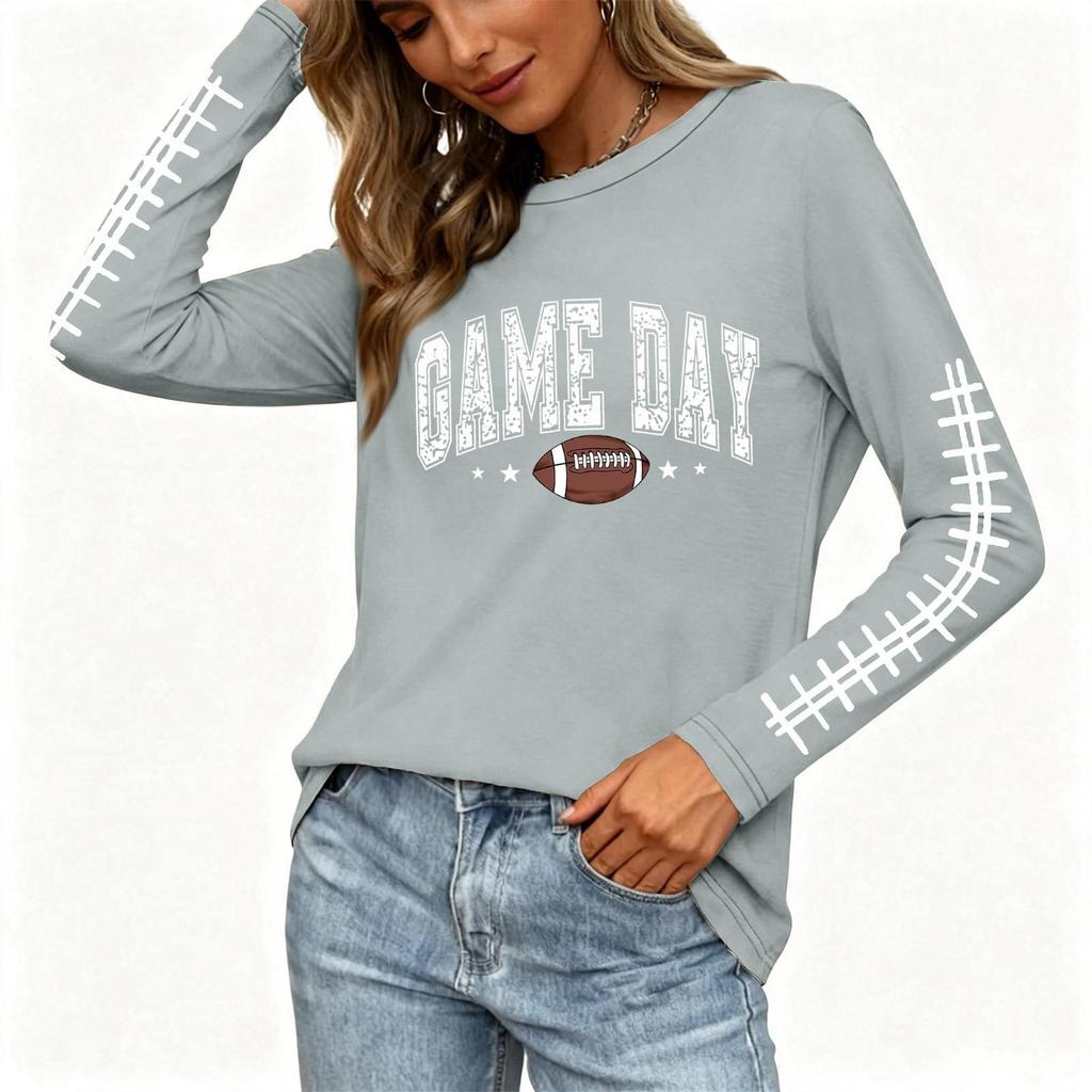 Women's Casual Long Sleeve Neck Top with Rugby Print and Side Slit for Everyday Wear