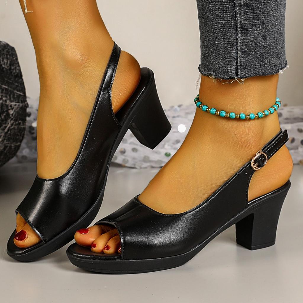 Women's Shoes Thick Heel Round Head Buckle Empty Single Shoes Summer New Temperament Lady Elegant High Heel Fish Mouth Sandals