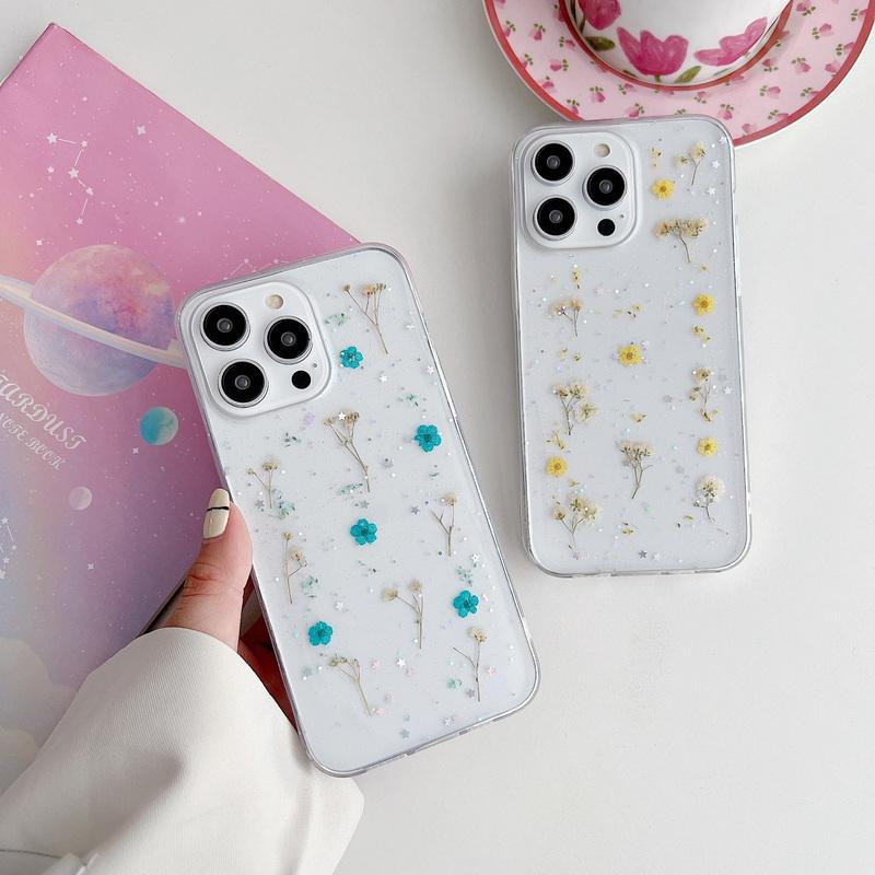 Real Flowers Dried Flowers Soft TPU Phone Case For iPhone 17 16 Pro 15 14 Pro Max 13 Mini 12 11 Clear Shockproof Case