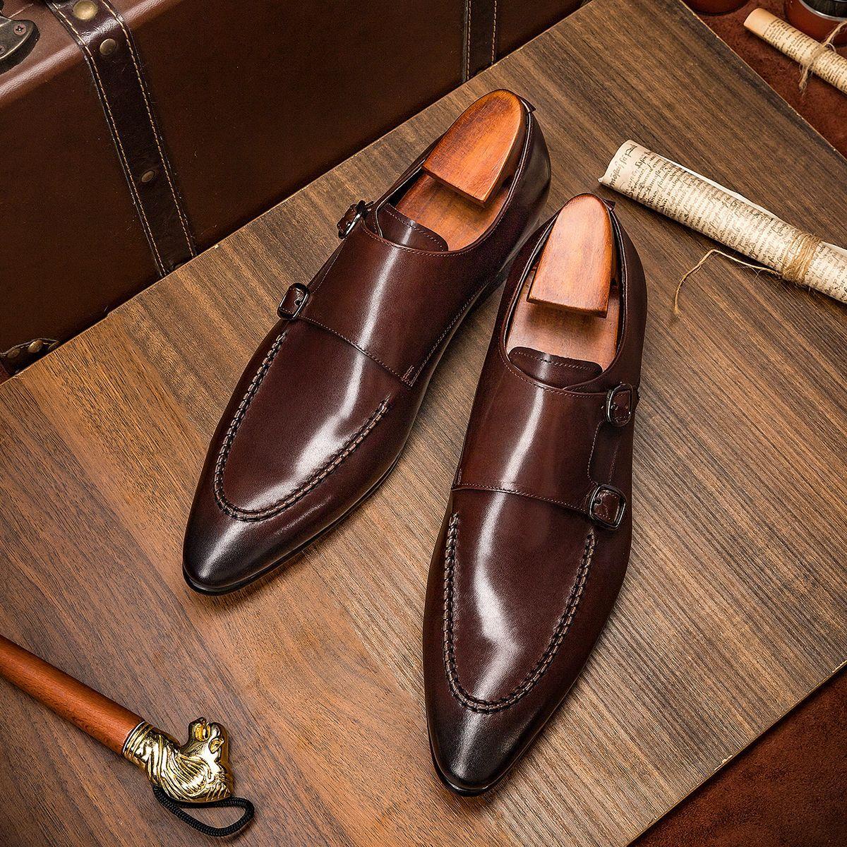 

Мужские туфли с заостренной пряжкой, мужские трендовые туфли в деловом повседневном стиле, британские туфли Munch, одинарные туфли, модные, простые 44 темно-коричневого