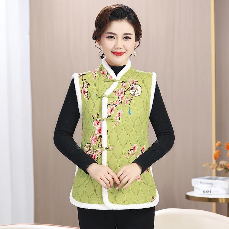 Women's winter thickened large flower padded jacket improved vest disc buckle warm festive vest