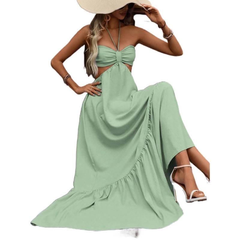 European Summer New Sexy Neck Sling Backless Pleated Chest Vacation Style Dress