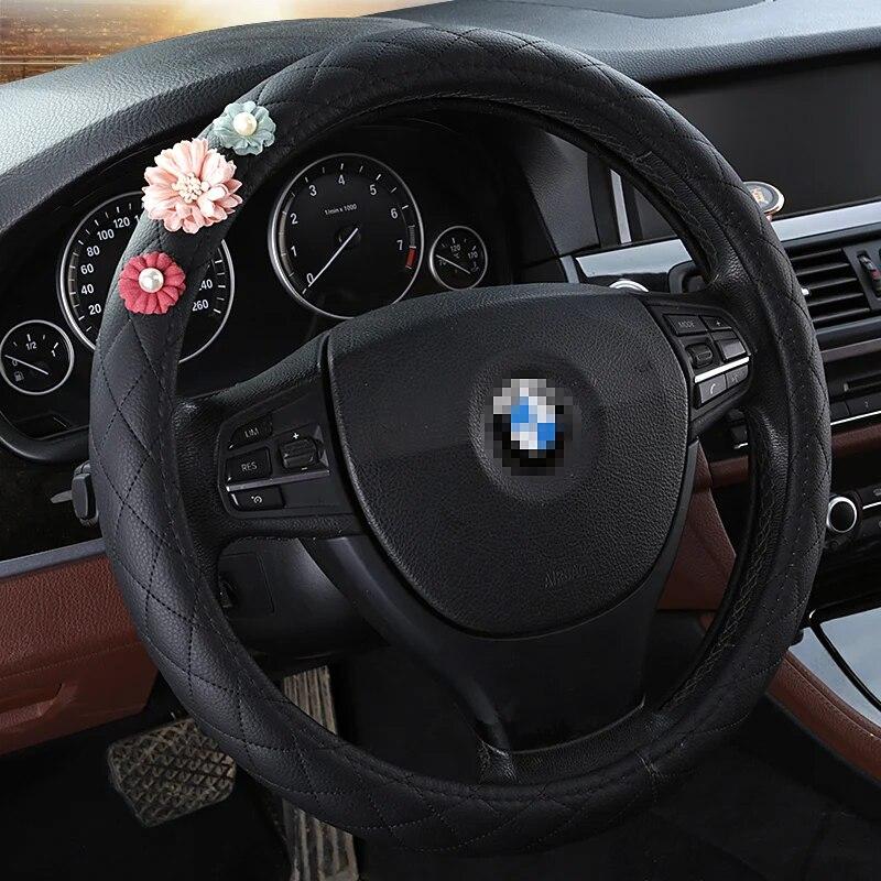 DERMAY Black Car Steering Wheel Cover with Cute Flower for Women Girls Size M Fit 14-15" Steering Wheel 95% Cars O and D Shape