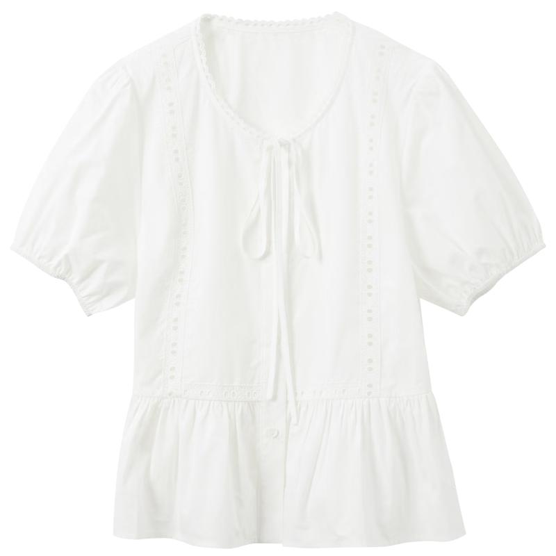 Sancai 2026 Summer 100% Cotton Round Neck Puff Sleeve Waist-Cinching White Shirt XL