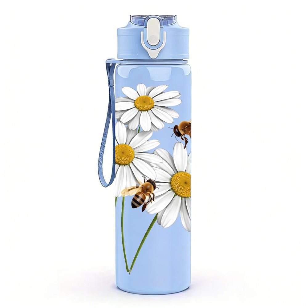 1PC White Daisy Yellow Center Flower Print 750ml Color Plastic Sports Water Bottle Leakproof Flip Straw Lid Suitable for Sports Office Home Use