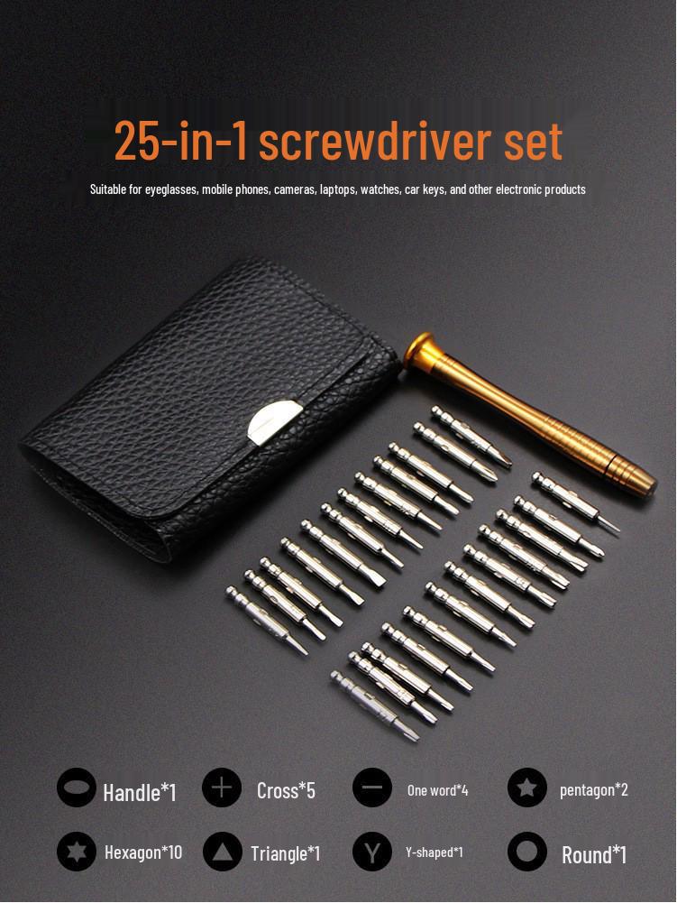 

25-in-1 Multi-Function Screwdriver Set with Leather Case for Phones, Eyeglasses, Watches, and Laptops