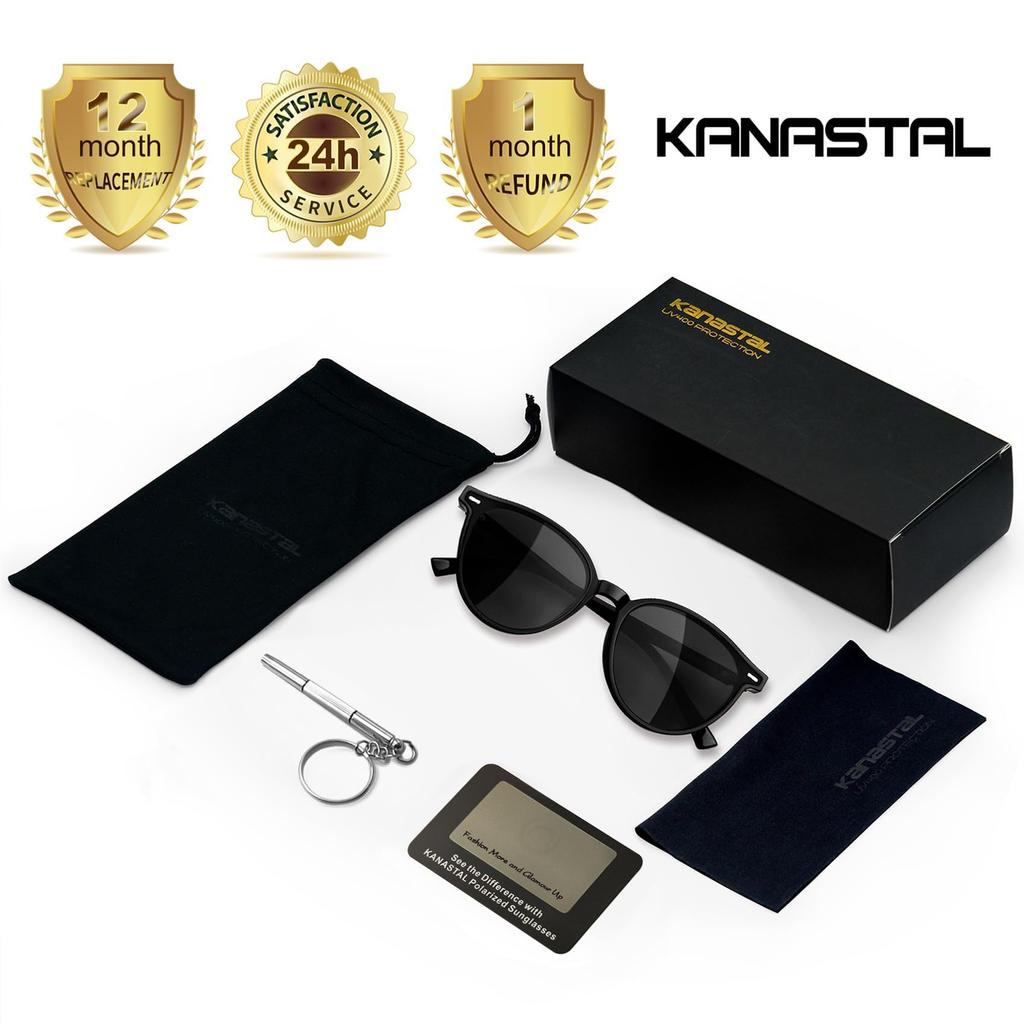 KANASTAL Polarisierte Sonnenbrille für Männer und Frauen, Starker UV-Schutz, Perfekt zum Angeln und Autofahren, Stilvoll und leicht (Schwarz)