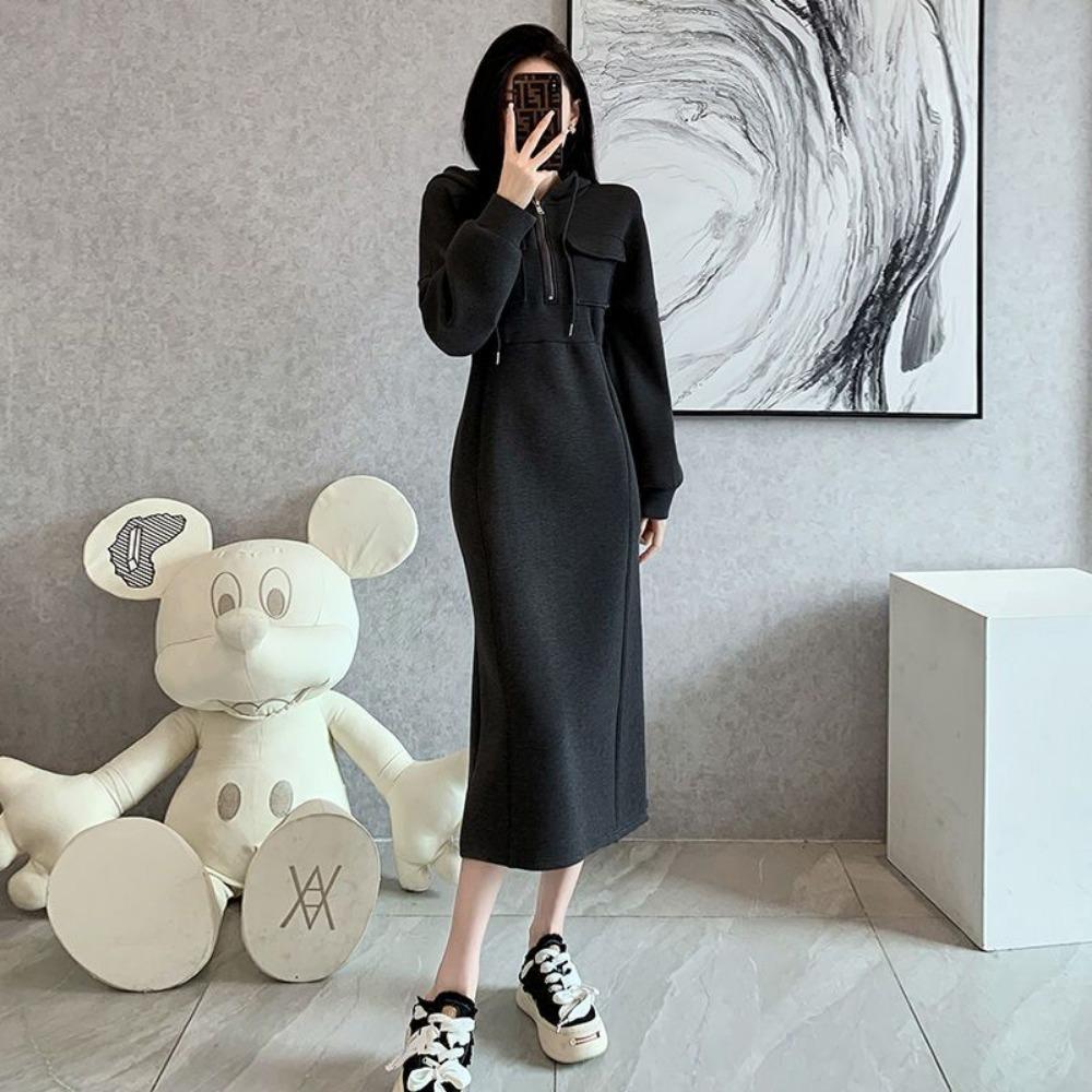Elegant Casual Fleece-Lined Hooded Sweatshirt Dress Autumn Winter New Luxury Niche Waist-Fitted Long Length