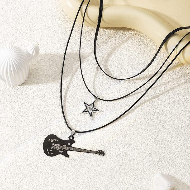 Star Pendant Vintage Necklace Punk Star Choker Rock Roll Guitar Layered Necklace For Women Men Eboy Egirl Bar Party Jewelry