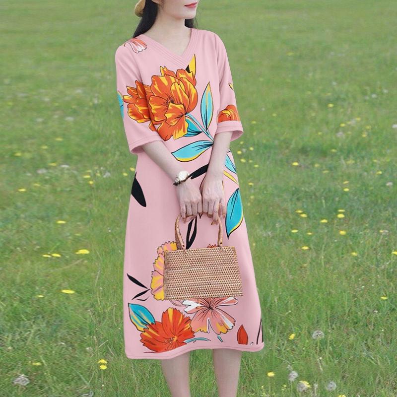 ZANZEA Women Casual V-Neck Loose 3/4 Sleeve Floral Print Dress