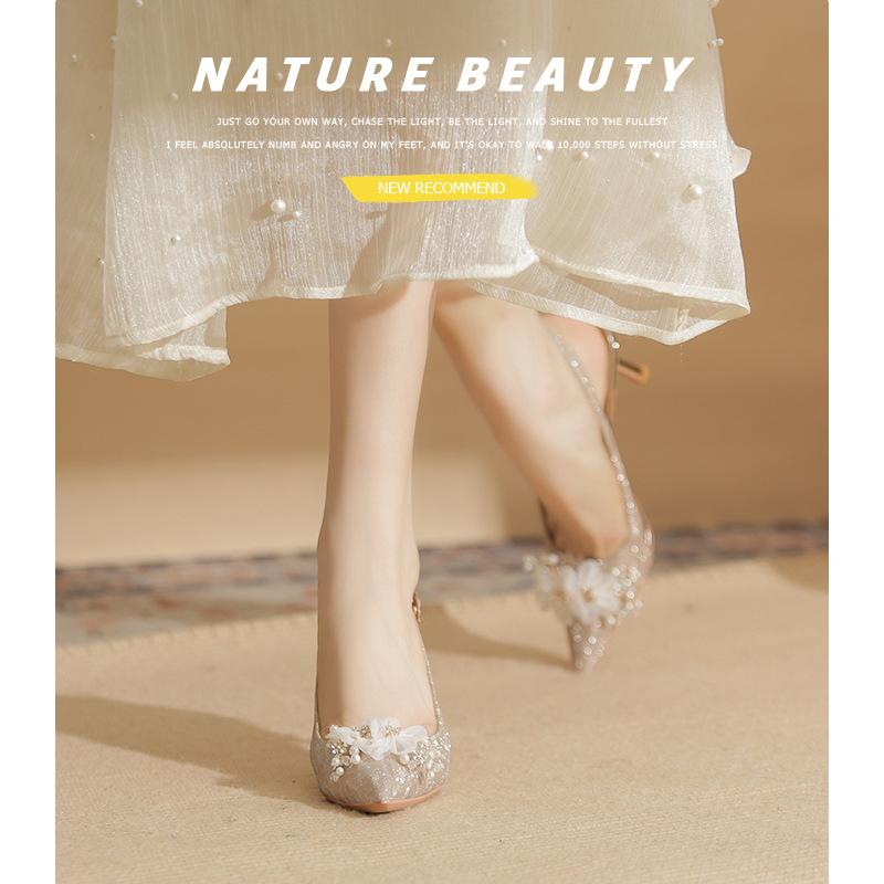 7520-8 [sheepskin] High Heels Women's Thin Heels 2025 New Pointed Empty Sandals Crystal Flower Wedding Shoes