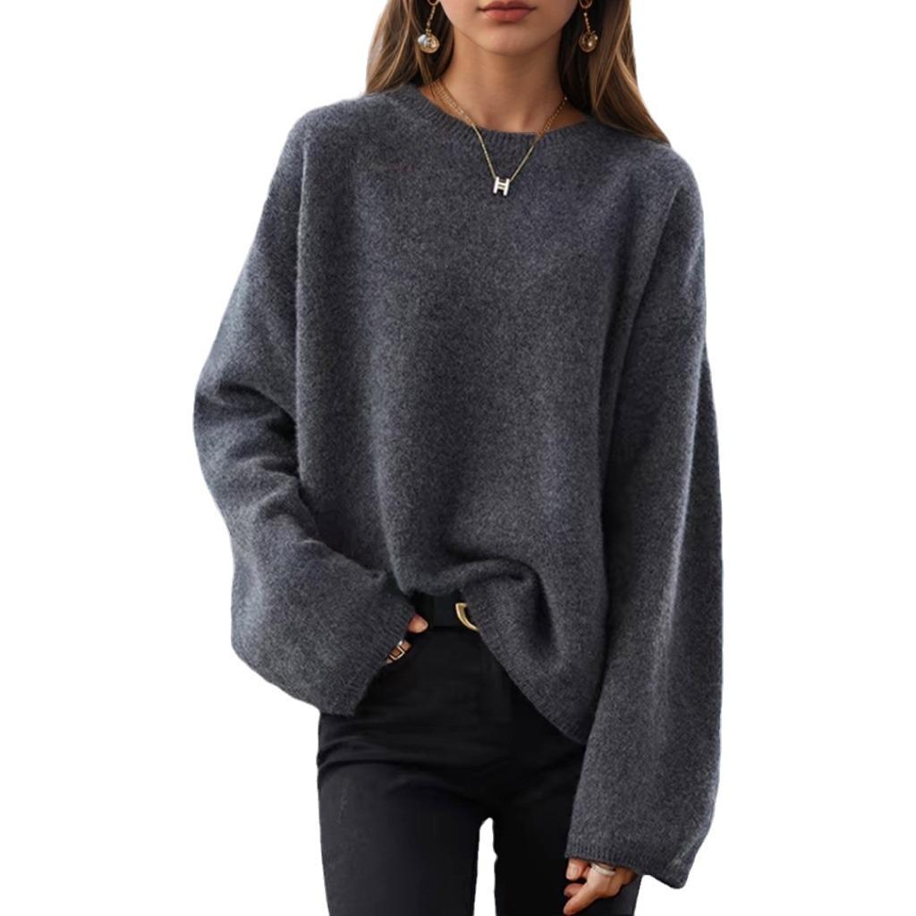 2026 Autumn/Winter Women's Loose Fit Drop Shoulder Knit Pullover Sweater - Solid Color