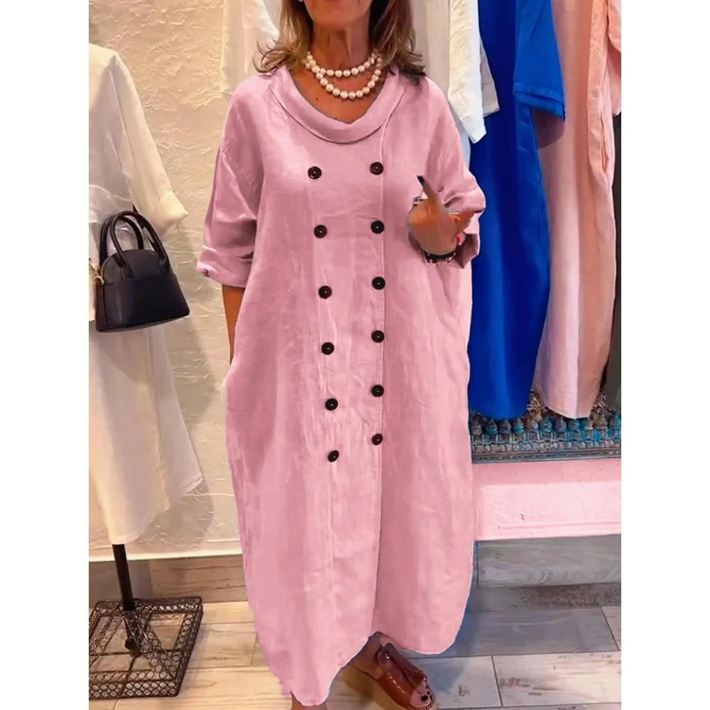 

Новое женское свободное однотонное повседневное платье для отпуска на пуговицах в художественном стиле S розовый