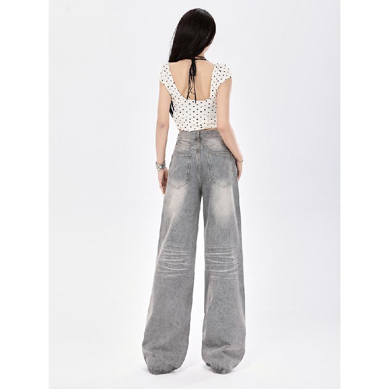 American Retro Style Smoky Gray High-end Wide-leg Jeans for Women, 2026 New Model, Drapey, Loose, Straight-leg, Floor-length Pants