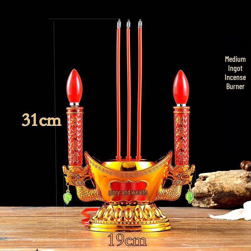 Buddha Offering Electric Candelabra: Complete Set with Incense Burner and Everlasting Lamp for Home Use