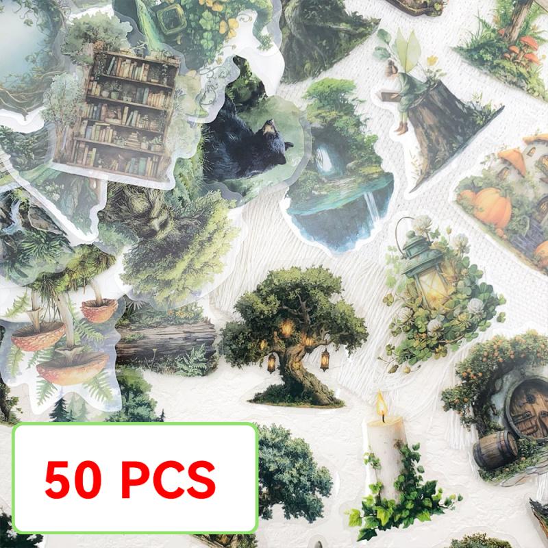 50Pcs Forest Style Transparent Stickers Luggage Guitar Skateboard Phone Diy Waterproof Notebook Stickers Cartoon Natural Elf