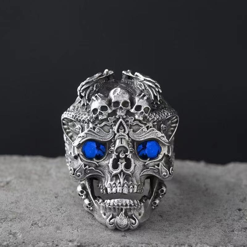 Retro Thai Silver Exaggerated Domineering Skull Ring, Thai Silver Men's Opening Adjustment Ring, Popular Personality