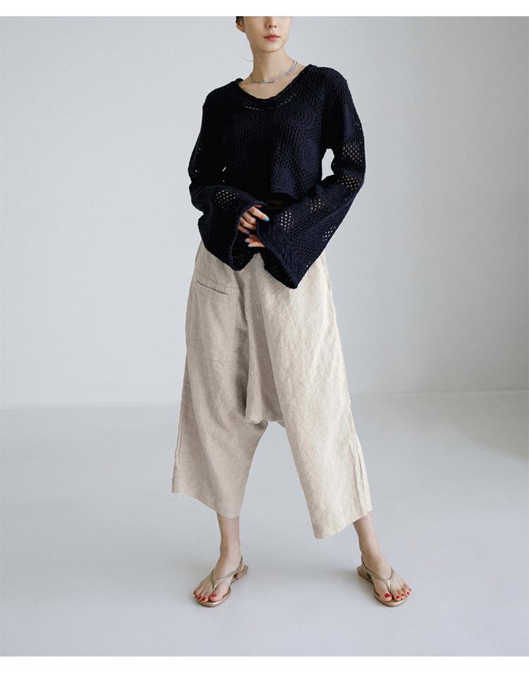 New Spring/Summer Textured Linen-Cotton Cropped Wide-Leg Pants with Elastic Waist and Pockets.