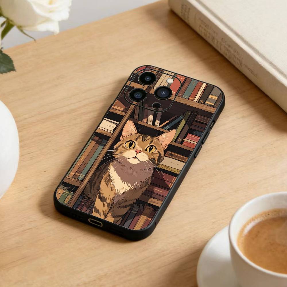 Vintage Bücherregal Kätzchen Handyhülle für iPhone 17, 16, 15, 14, 13, 12 Plus, Max Weiche Silikon Schwarze Hülle