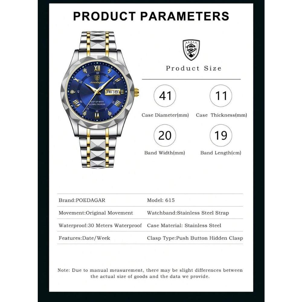 POEDAGAR Business Men's Stainless Steel Dual Calendar Quartz Watch, Casual Waterproof Luminous Men's Watch, Men's Gift