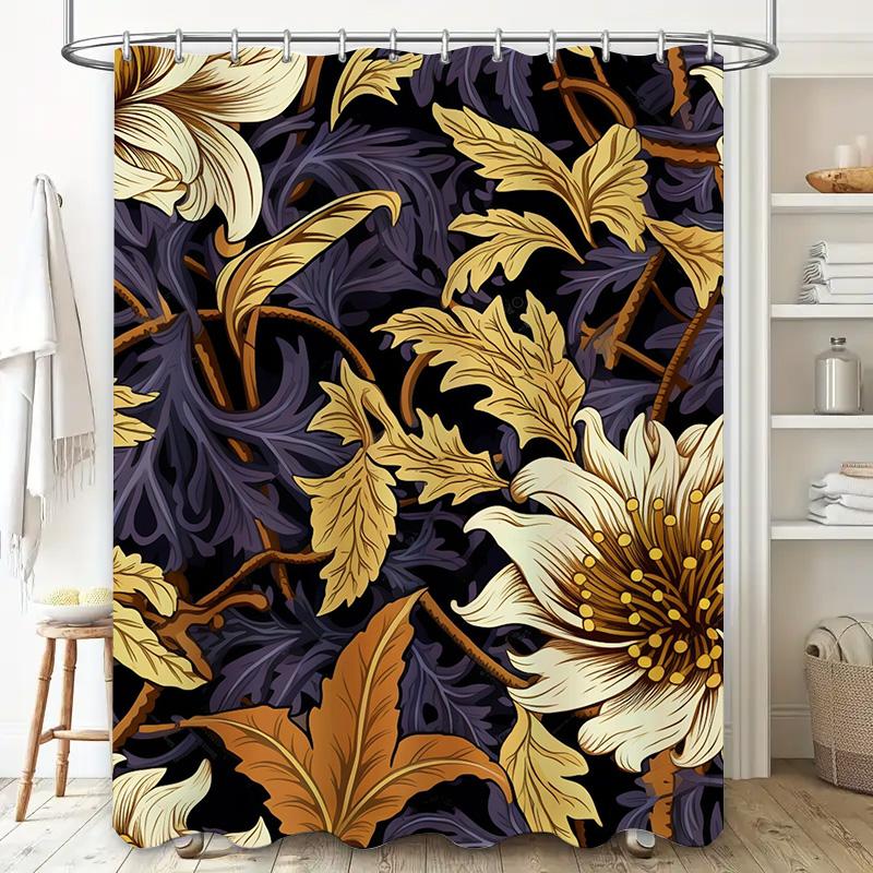 Luxury Floral Bath Shower Curtain 3D Printing Waterproof Decorative Bathroom Privacy Liner Set for Home Black Gold