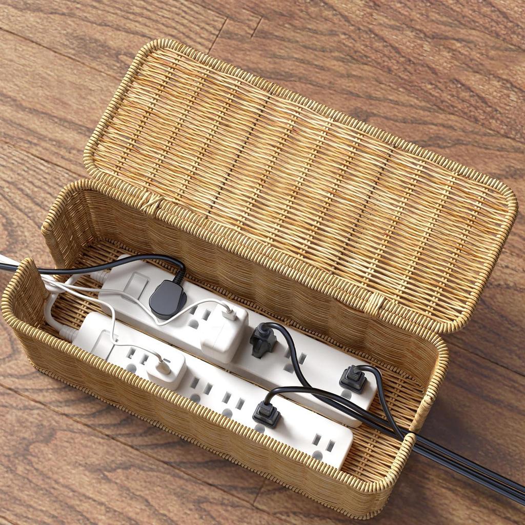 Rattan Organized Box with 180 Degree Flip Lid Design Desktop Cords Imitation for Mobile Phone Computer Wires boxes