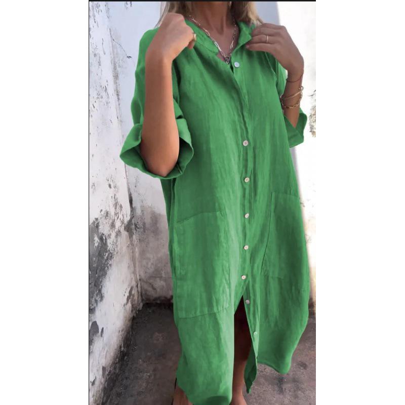 2026 Europäisches & Amerikanisches Frühling/Sommer Lockeres Casual Mittellanges Baumwoll-Leinen Hemdkleid für Damen