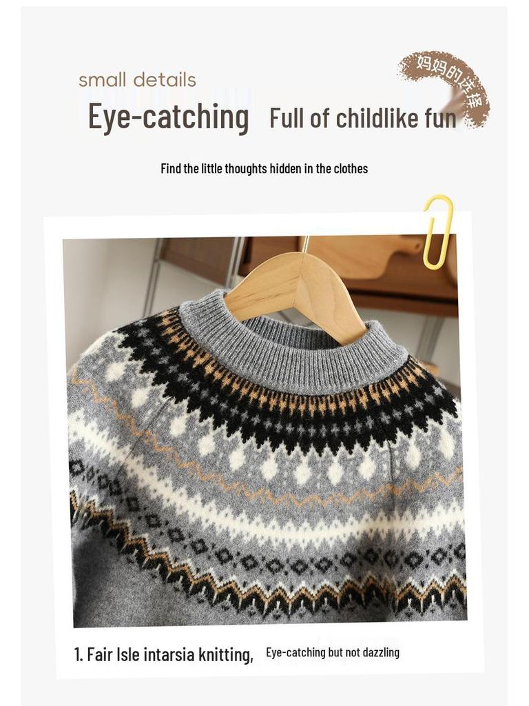 Maglione in Lana Fair Isle per Bambini - Spesso, Caldo, Stile Retro Rosso per Autunno/Inverno Ragazzi e Ragazze