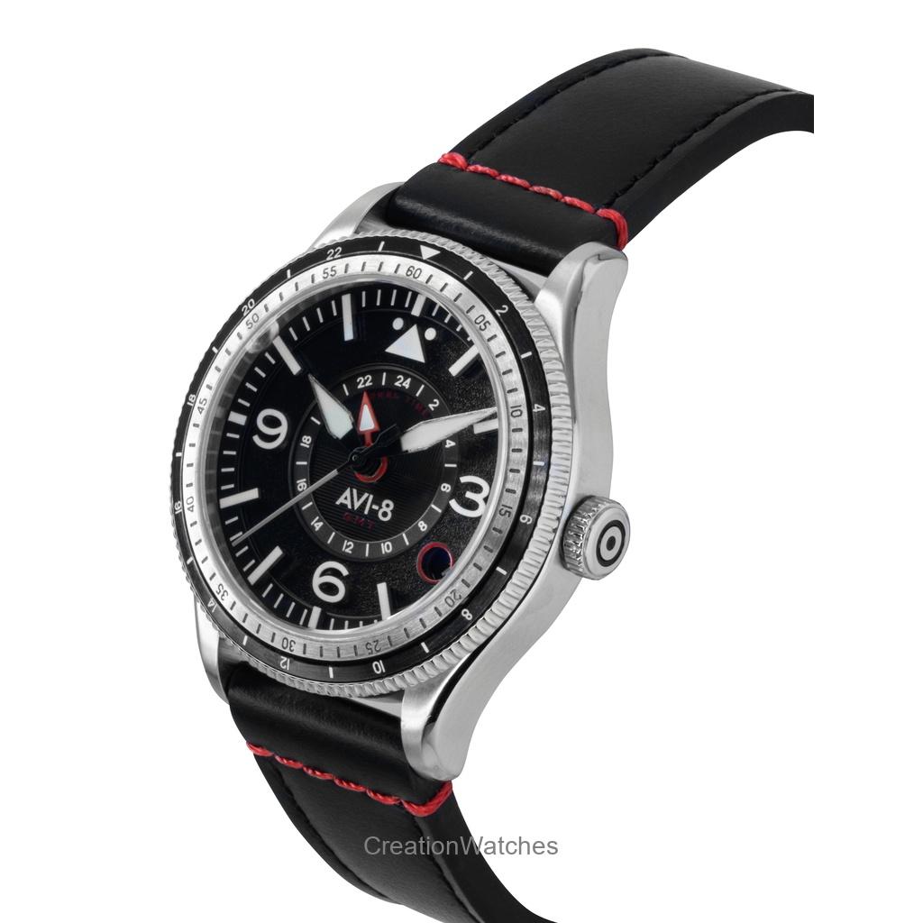 AVI-8 Flyboy Airmaster GMT Lærreim Motor Svart Skive Automatisk AV-4128-01 Herreklokke
