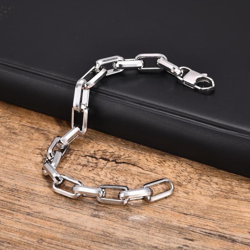 Casual Rectangle Chain Bracelets for Men Boys,Silver Color Stainless Steel Wristband,Punk Anniversary Jewelry Gifts