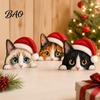 Desktop Cat Figurine Cute Shelf Sitter, Wooden Christmas Hat Peeking Desk Figurine, Funny Animal Small Statue Sign, Lover Gift for Holiday Home Office