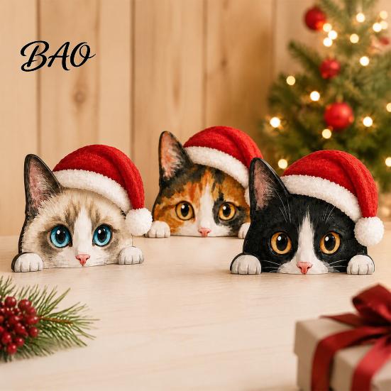 Desktop Cat Figurine Cute Shelf Sitter, Wooden Christmas Hat Peeking Desk Figurine, Funny Animal Small Statue Sign, Lover Gift for Holiday Home Office