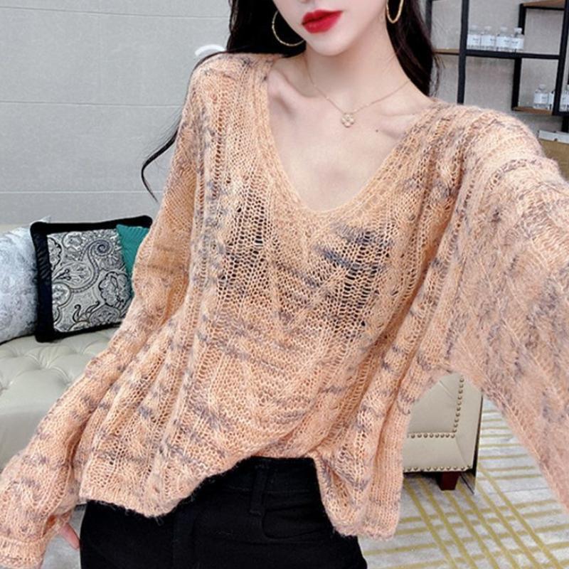 Autumn Winter V-neck Knit Base Layer European Style Thin Loose Long Sleeve Mohair Sweater for Women