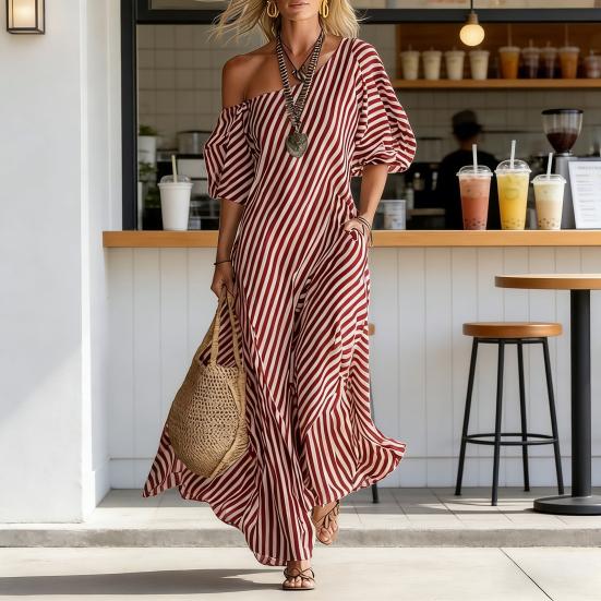 Damen Gestreiftes Off-Shoulder Maxikleid Kurzarm Lässig Party Cocktailkleid Sommer Strandurlaub Fließendes Kleid