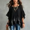 Women S Bohemian Style Chiffon Shirt Loose Round Neck Flared Sleeve Irregular Hem Top