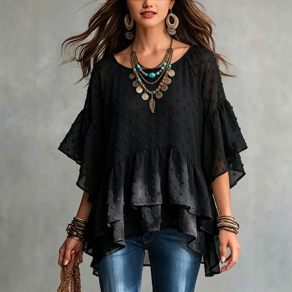 Women S Bohemian Style Chiffon Shirt Loose Round Neck Flared Sleeve Irregular Hem Top