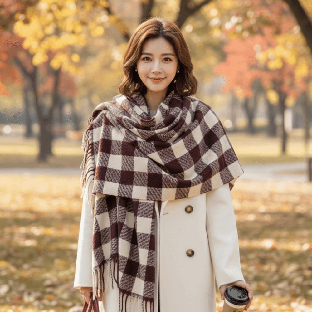 Checkered Wool Tassel Scarf Coldproof Women Cashmere Shawl Fashion Winter Cashmere Scarves Girls